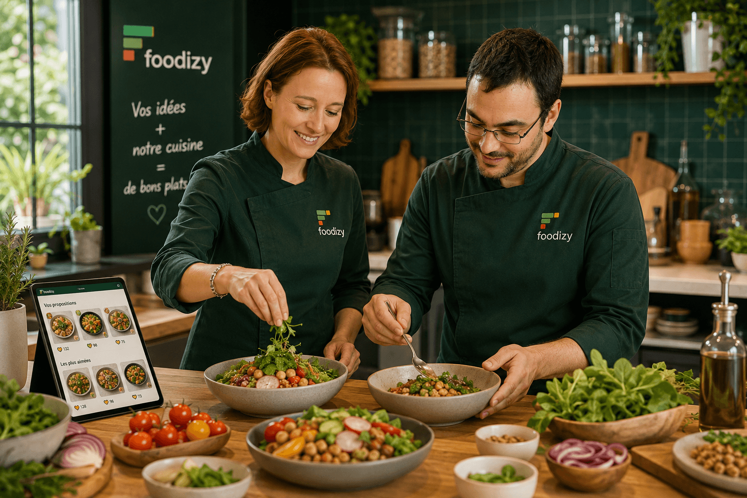Audrey et Victorien composant des plats dans leur laboratoire
