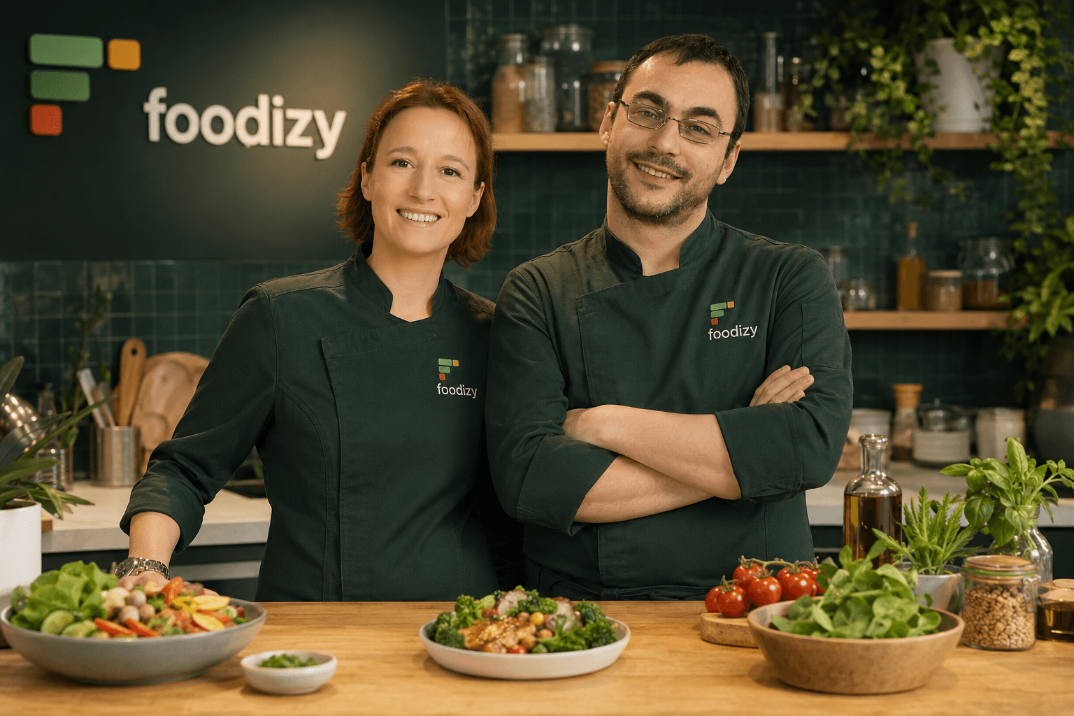 Audrey et Victorien, les chefs Foodizy, en veste de cuisine